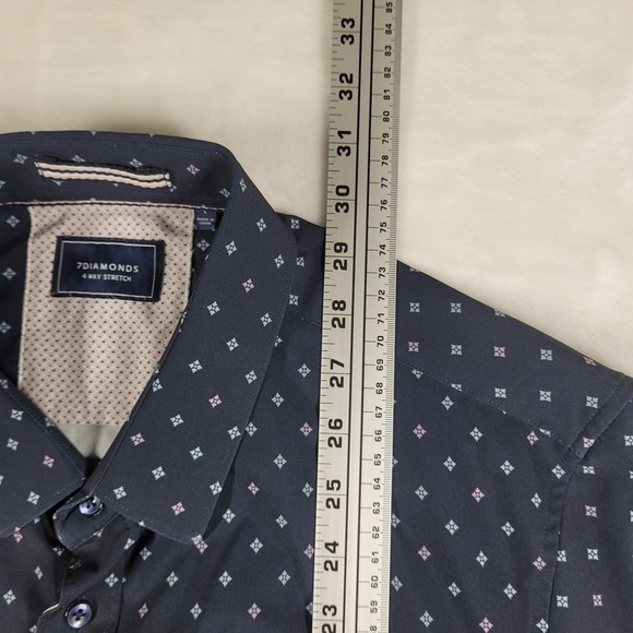 7 Diamonds 4 Way‎ Stretch Short Sleeve Button Up Men's Large Blue Geometric AOP - Picture 3 of 8